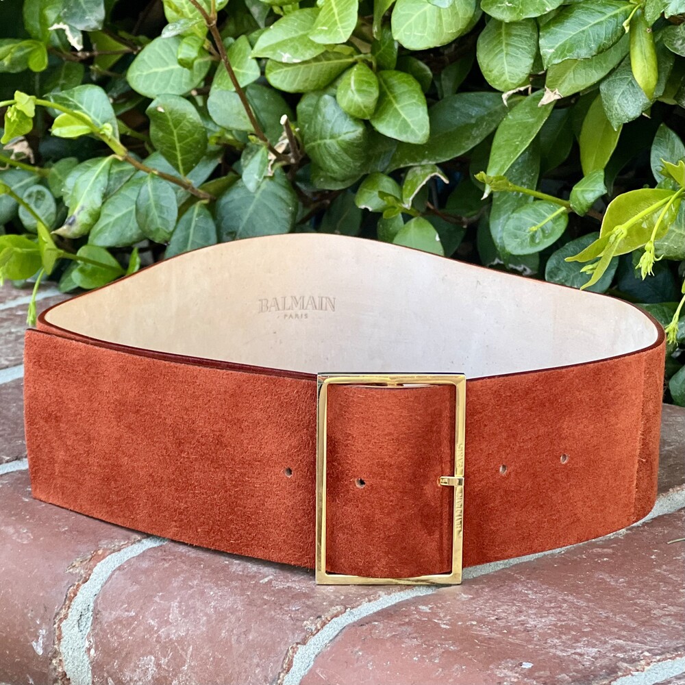Balmain Paris Suede Leather Waist Belt Rust Red Gold Buckle Size 36 fits S NWOT - Picture 7 of 7